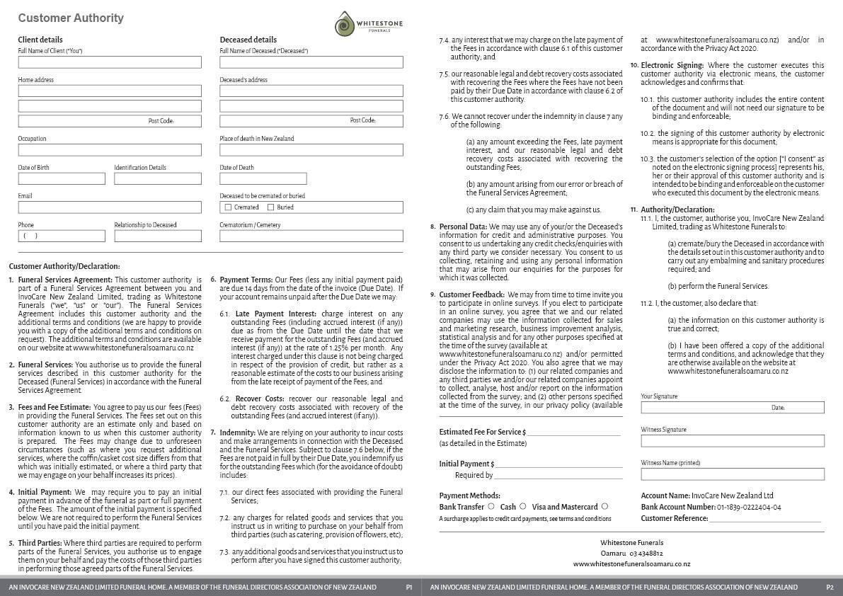 Whitestone Funerals - Customer Authority Form